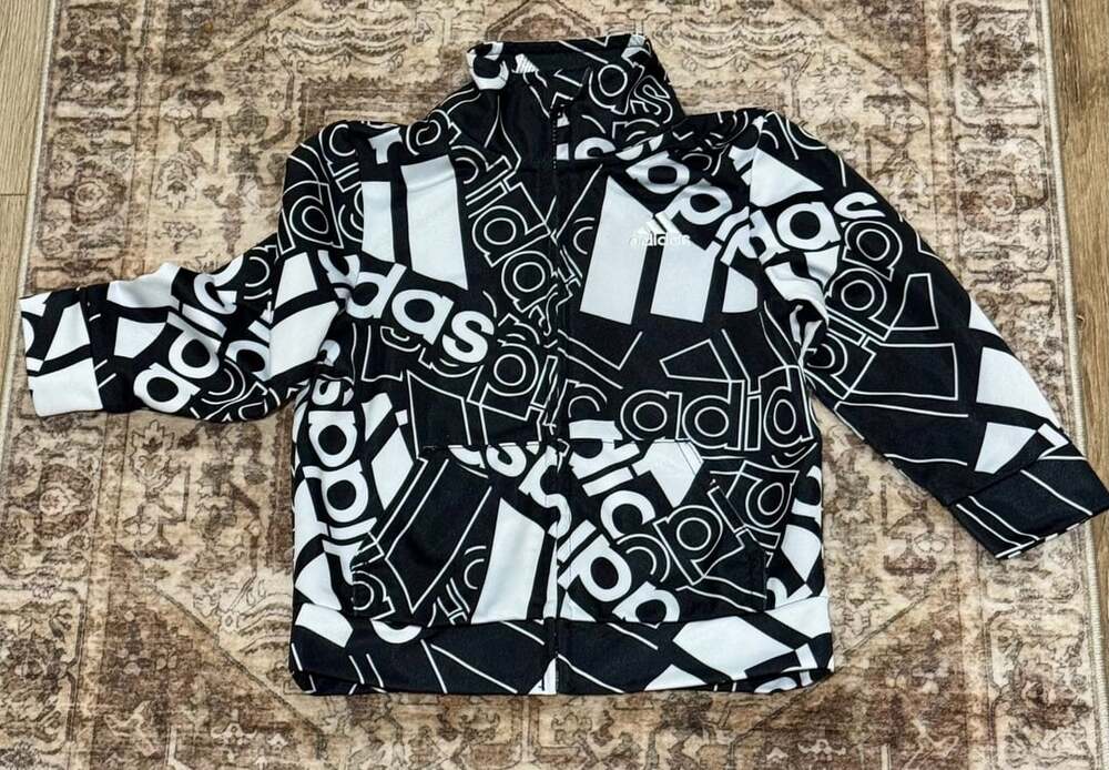 Adidas Infant Toddler Black & White All-Over Logo Full-Zip Jacket SZ 18M